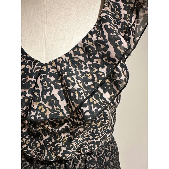 Leopard Print Dress Womens Size XS Ruffle Neckline Elastic Waist - Picture 3 of 8